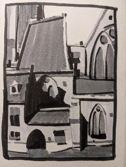 Four value marker study of the side entry to a church. Arched, stained windows rest in different sizes on different levels and recesses, below steep roofs.