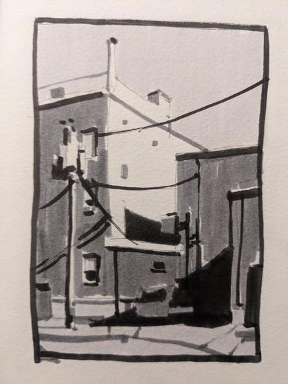 Four value marker study of the backside of apartments and businesses in downtown Montpelier VT. A telephone wire to the left is lugging multiple transformers, delivering wires to several buildings, as a dark angular shadow cuts from the right to lower left covering empty parking spaces.