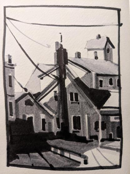 Four value marker study of small colonial houses in downtown Middlebury VT. A tall, dark telephone pole stands in the center of the scene, above short house fronts drenched in shadow from sunlight coming from the upper left of the scene.