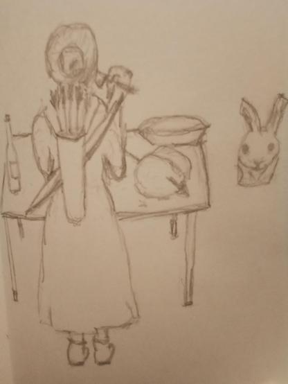 Bleistiftzeichnung.
Wir sehen die Rückenansicht einer Frau mit Dutt. Sie trägt ein Kleid, welches einen Blick auf ein Stück Unterschenkel und ein paar Kampfstiefel frei gibt. Auf ihrem Rücken ist ein Köcher mit Pfeilen und ein Bogen.
Sie hält ein großes Messer in der Hand.
Vor ihr ist ein Tisch mit einer Flasche und ein abgedecktes Gericht. Außerdem liegt dort ein von einem Pfeil durchbohrter Weißkohl.
In der Ecke des Raumes sitzt ein Kaninchen.