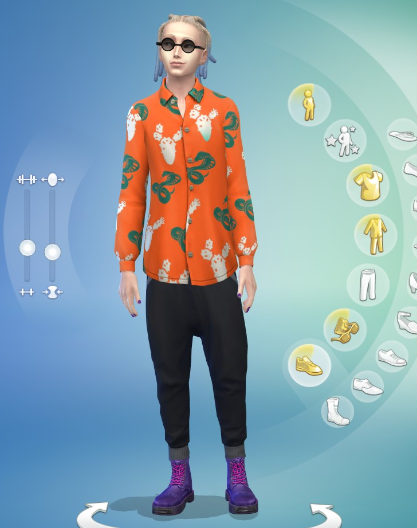 シムズで作った派手めなキャラ（オレンジのシャツとサルエルパンツ、紫の編み上げブーツ）