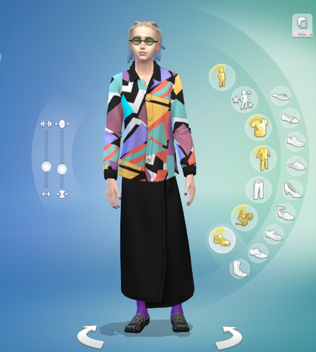 シムズで作った派手めのキャラ・幾何学模様のシャツ、巻きスカート、紫の靴下と柄つきスリッポン