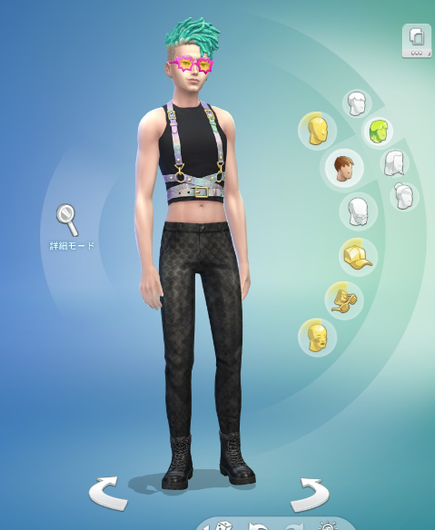 シムズで作った派手めのキャラ・パーティ服・へそ出しベルトシャツとレザーパンツ