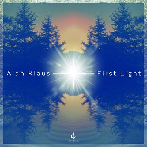 Cover of Alan Klaus's Centrediscs album "First Light", featuring a graphic with evergreen trees on either side mirrored in water and with clear sky above, at sunrise, with a brilliant symmetric blast of light in the very center of the image.