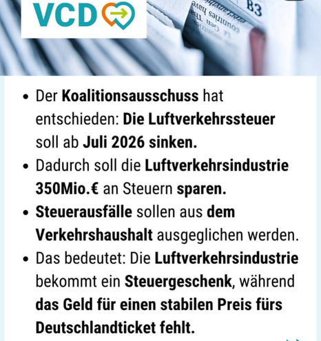 VCD: Luftverkehrssteuer soll gesenkt werden für 350 Mio€, aber Deutschlandticket muss teurer werden