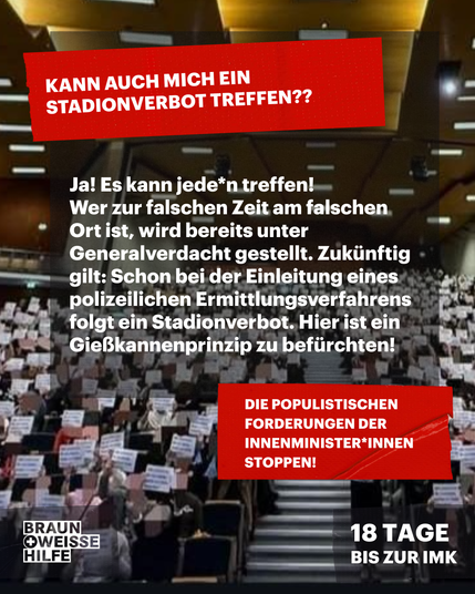 Kann auch mich ein Stadionverbot treffen?
Wer zur falschen Zeit am falschen Ort ist, wird bereits unter Generalverdacht gestellt. Zukünftig gilt: Schon bei der Einleitung eines polizeilichen Ermittlungsverfahrens folgt ein Stadionverbot. Hier ist ein Gießkannenprinzip zu befürchten! Im Hintergrund die Mitgliederversammlung des FCSP. Sie hält geschlossen ein Schild hoch, auf diesem steht: "Alle zusammen für eine bunte, starke und laute Fankultur"