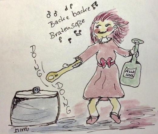 Einfache Zeichnung, aquarelliert Cartoonart. Eine tanzende Frau in rotem Kleid mit Schleife um die Taille. In de linken Hand hält sie eine große grüne Flasche, auf deren Etikett steht: ALLOHOOL. In der rechten Hand schwingt sie einen Kochlöffel, mit dem sie auf einen großen Kochtopf einschlägt. Über ihr, umgeben von Noten, steht: Backe Backe … Bratensoße.