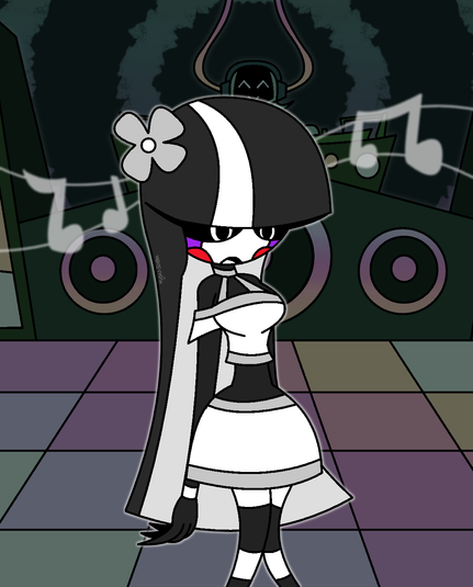 The adult Mesmeric Multiverse version of Charlotte Emily in a white dress with some slightly different highlights in her hair than usual, entranced by club music