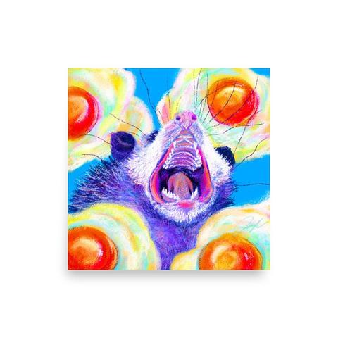 Painting of a screaming opossum surrounded by sunny side up eggs. The painting is titled "AAAAAAA with a Side of Eggs."