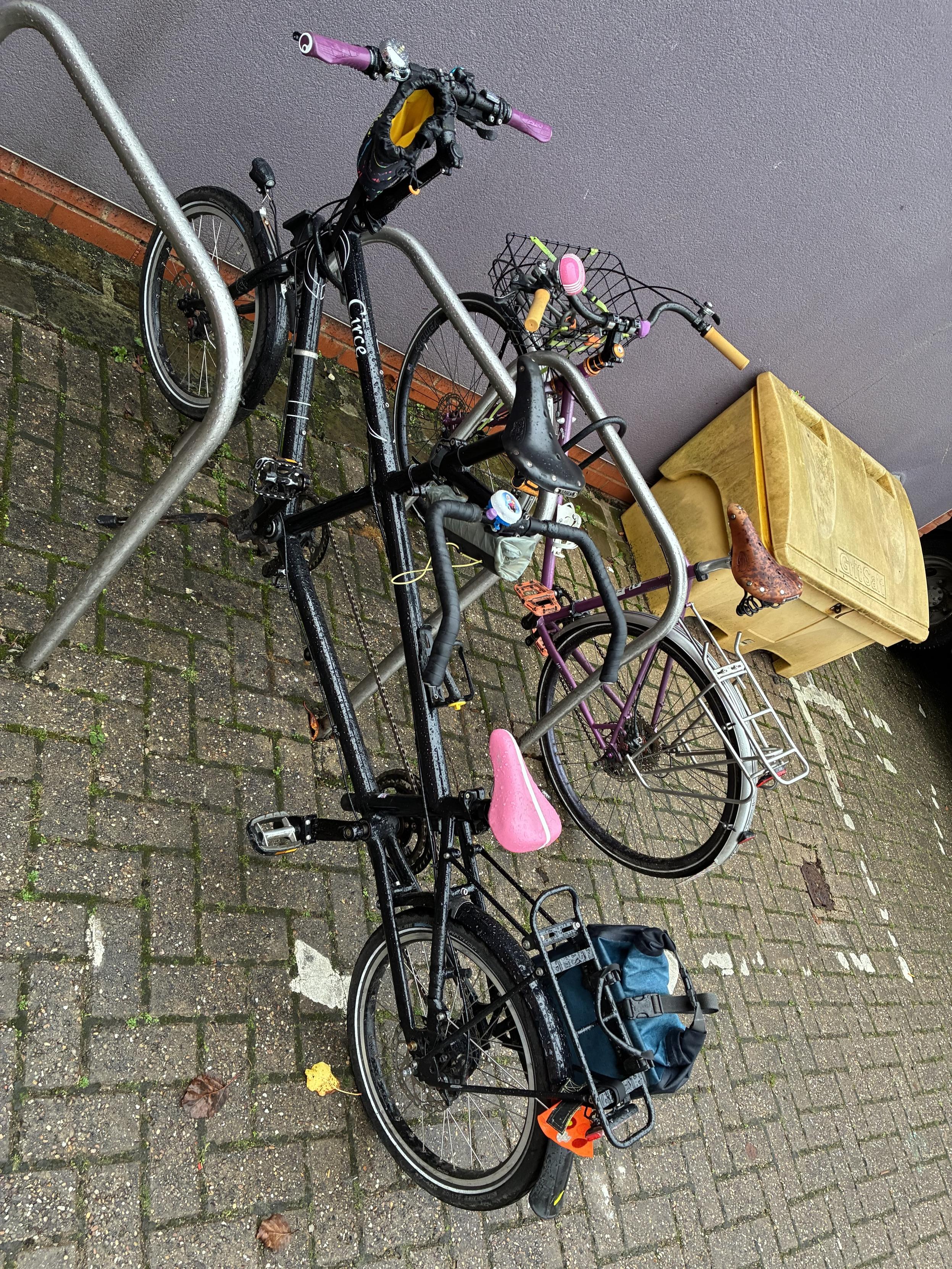 Two bicycles are parked at a bike rack on a cobblestone surface. The bike in the foreground is a black tandem with a pink seat and handlebars adorned with colorful grips, while the second bike in the background is purple with a basket.