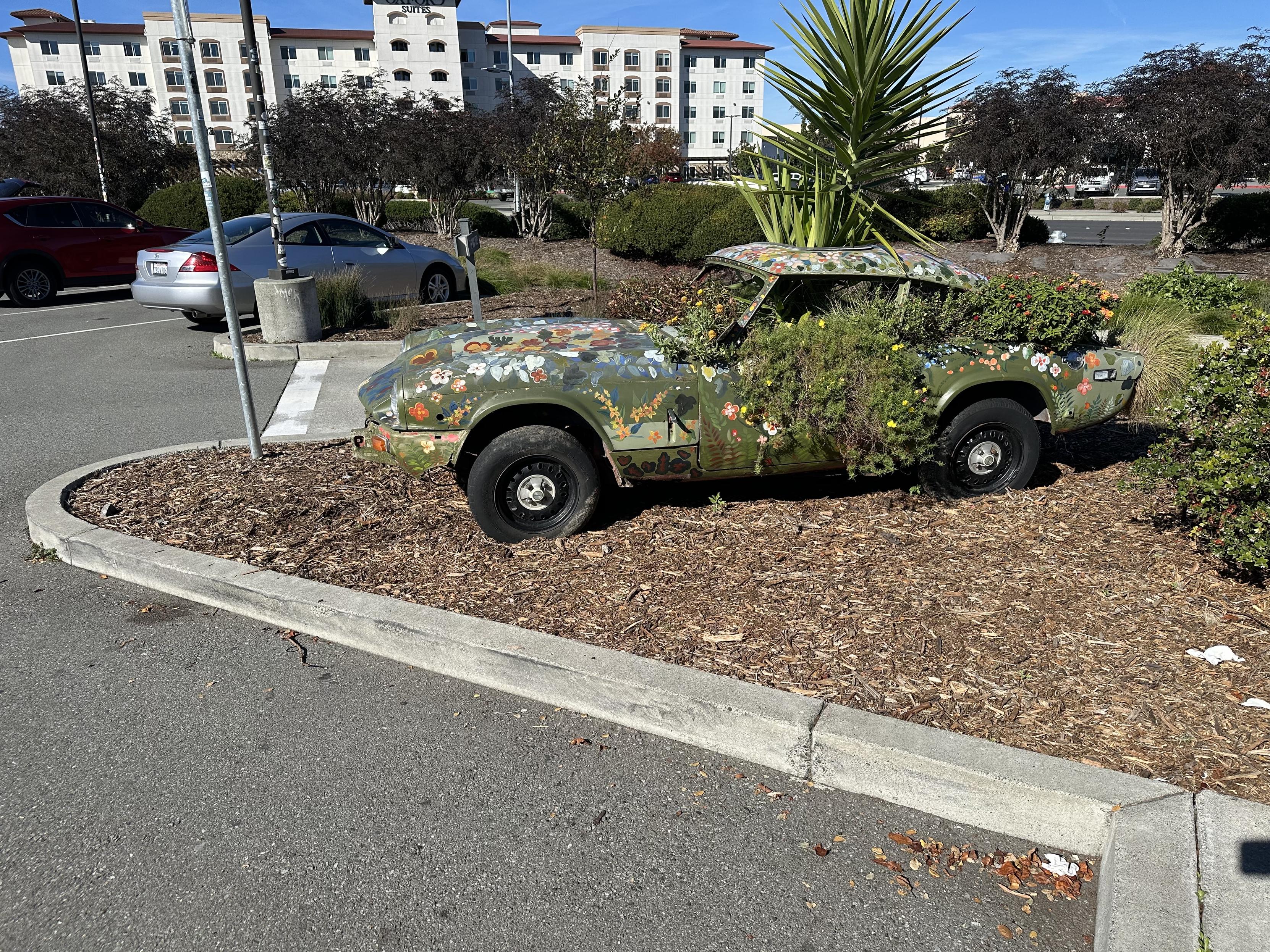 A photo of an old sports car, painted a natural green,  with many painted flowers, that has been turned into a planter, with many leaves growing out the windows.
