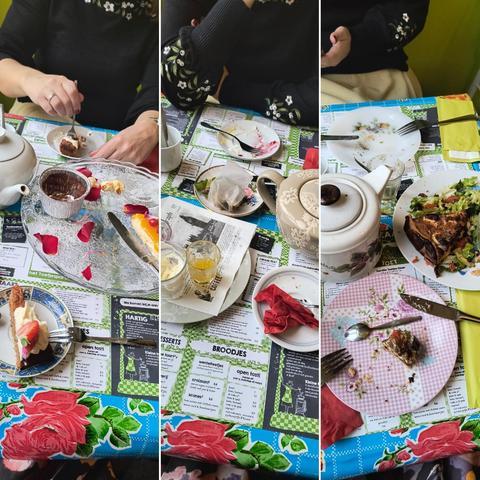 Collage van 3 rechtopstaande foto's van de 3 gangen van de High Tea bij Toet.
1e gang taartjes met bloementhee; 2e gang scones met earl grey; 3e gang hartige taart met gember-sinaasappel-citroengras thee.