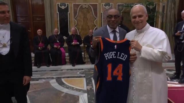 Spike Lee gifts Pope Leo XIV a New York Knicks shirt, during world of cinema event at the Vatican