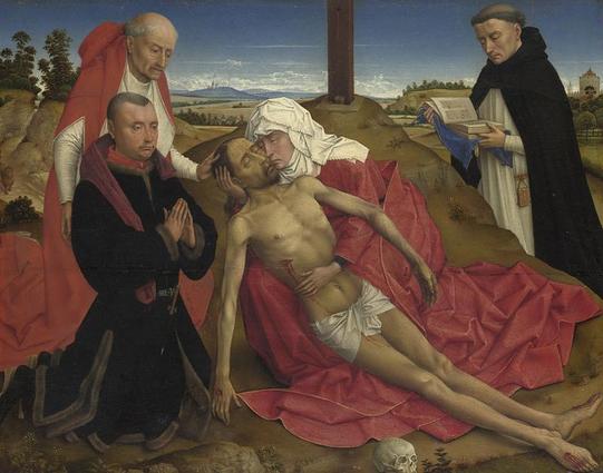 The weeping Virgin Mary embraces Christ’s bodythat has been taken down from the Cross.
On the left of the picture is Saint Jerome with the lion that was his companion. On the right, a saint wearing the black and white robes of the Dominican Order could be Dominic, but he has no identifying emblem. The donor wears a black garment trimmed with brown fur. The object behind his head is a purple hat, and he wear pattens (wooden overshoes). He is possibly Girolamo Vento, a Genoese merchant living in Bruges in 1469–70.