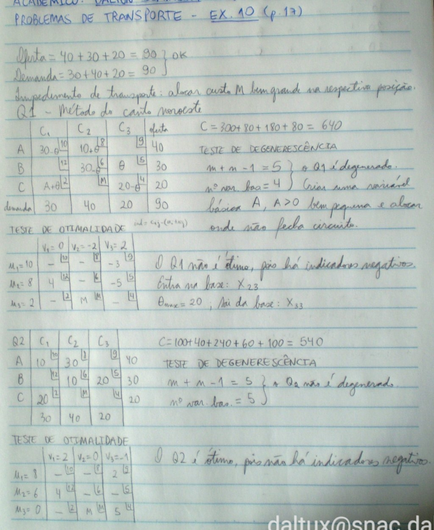 Foto de uma página de caderno com cálculos manuscritos resolvendo um problema de transporte. Mostra o método do canto noroeste, teste de degenerescência e otimalidade para duas soluções (Q1 e Q2), concluindo que Q2 é a solução ótima por não haver indicadores negativos.