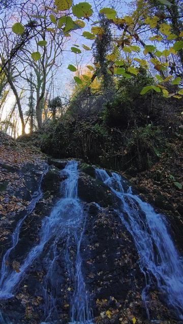 A small waterfall in the Woods with autumn sunlight.