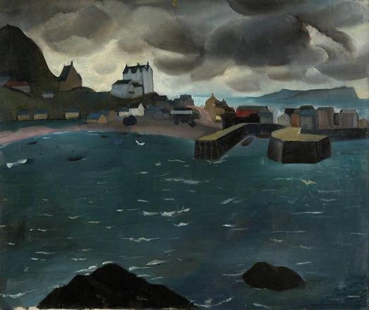 this is a scene of a bay, with small boats and windcapped waves, and a few large rocks sticking above the waterline in the foreground.  In the midground is the other side of the bay, a hillside leading to a town and a quay.  There are houses on the hills leading to the denser collection at the water level.  And beyond the town in the distance is more water and a landmass which could be an island or the other side of another bay.  Overhead are large dark clouds with light coming through around their edges