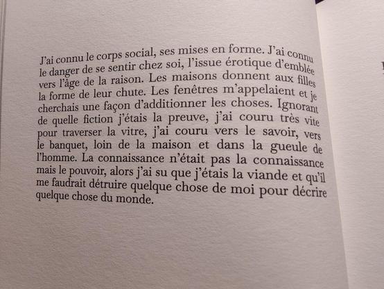 Photo de la page 22 :

"J'ai connu le corps social, ses mises en forme. J'ai connu le danger de se sentir chez soi, l'issue érotique d'emblée vers l'âge de la raison. Les maisons donnent aux filles la forme de leur chute. Les fenêtres m'appelaient et je cherchais une façon d'additionner les choses. Ignorant de quelle fiction j'étais la preuve, j'ai couru très vite pour traverser la vitre, j'ai couru vers le savoir, vers le banquet, loin de la maison et dans la gueule de l'homme. La connaissance n'était pas la connaissance mais le pouvoir, alors j'ai su que j'étais la viande et qu'il me faudrait détruire quelque chose de moi pour décrire quelque chose du monde."