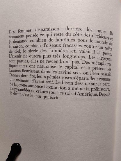 Photo de la page 48 :

"Des femmes disparaissent derrière les murs. Ils nomment pensée ce qui reste du côté des décideurs et je demande combien de fantômes pour le monde de la raison, combien d'oiseaux fracassés contre un reflet de ciel, le siècle des Lumières en valait-il la peine. L'avenir ne durera plus très longtemps. Les cigognes sont parties, elles ne reviendront pas. Des métaphores liquéfiantes ont naturalisé le capital et à présent les lauriers fleurissent dans les ravins secs où l'eau passait l'année dernière, leurs pétales roses s'éparpillent comme une mémoire d'avant-soif. Le bison dessiné sur la paroi de la grotte annonce l'extinction à même la préhistoire, les pyramides de crânes sous les sols d'Amérique. Depuis le début c'est le mur qui écrit."