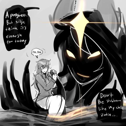 Doodle image of Abyssal silja letting Wynne sit on her hand in the middle of ocean to help get with Thalassophobia exposure therapy and Silja notice that Wynne is pushing herself too hard. To the point silja have to say

"A progress. But silja think it's enough for today"

Wynne replied "I'm...fine"

"Don't be stubborn like my child zodia...."
