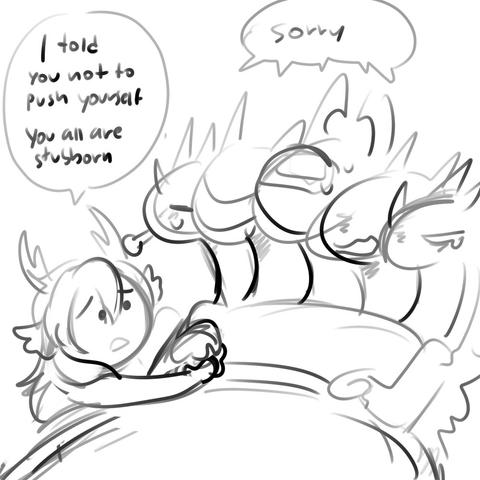 doodle art showing zodia is being sick and on their bed. Europa, their wife is beside them and telling them

"I told you not to push yourself, you all are stubborn"

to which all of zodia head replied "Sorry"