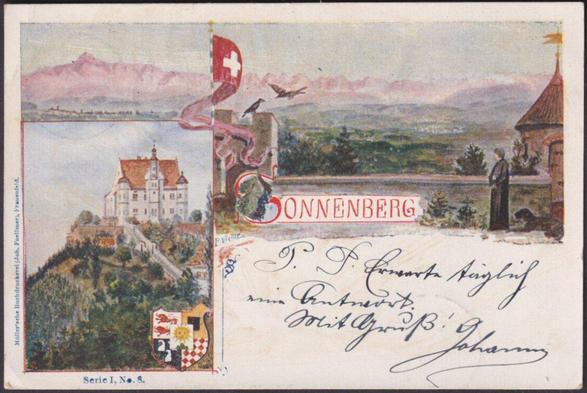 Printed colour postcard showing two illustrated views by P. Victor of Sonnenberg Mountain near Luzern or Lucerne in Switzerland.

Published by Müller'sche Buchdruckerei (Johann Foellmer), Frauenfeld, Serie I No 8, undivided back.

Postally used on 26 June 1899 with Frauenfeld cancellations on green 5r stamp and sent to Fraülein Rosa Frei, Felsberg, Luzern and with receipt postmark for Luzern on the following day.

Very good condition, with very slight corner bumps and light album marks.