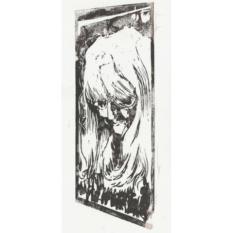 Gravure sur bois, portrait de Annick, membre de l'asso de gravures. Couleur un peu bordeaux, en fait obtenu par un mélange de noir et de sanguine