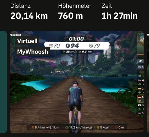 Virtuelle Radfahrt 20 km mit 760 m in 1,5 Stunden