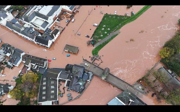 Arial shot of the River Monnow flooding Monmouth due to Storm Claudia, Nov 2025