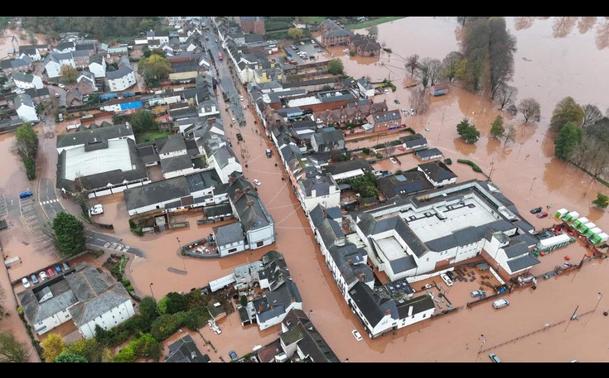 Arial shot of the River Monnow flooding Monmouth due to Storm Claudia, Nov 2025