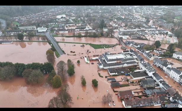 Arial shot of the River Monnow flooding Monmouth due to Storm Claudia, Nov 2025