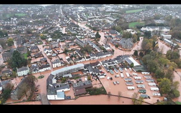 Arial shot of the River Monnow flooding Monmouth due to Storm Claudia, Nov 2025