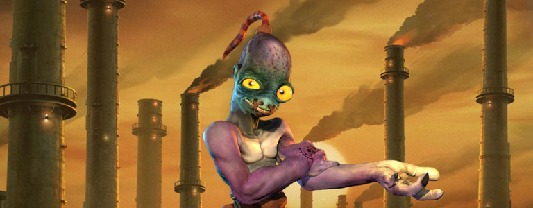 Abe's Oddysee New 'n' Tasty bideojokoko protagonista, Abe, Rupture Farms-eko tximiniak atzean dituela.