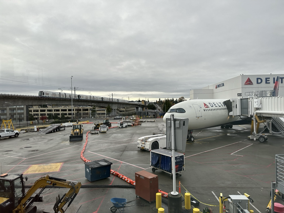 Seattle-Tacoma International Airport with a Delta airplane and the light rail in the background