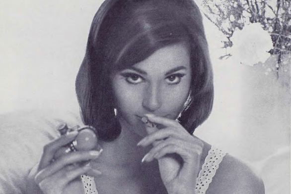 1968 Vintage Cosmetics Advertisement
The image shows a woman applying lipstick with an elegant, vintage hairstyle and makeup, suggestive of the mid-20th-century beauty standards.