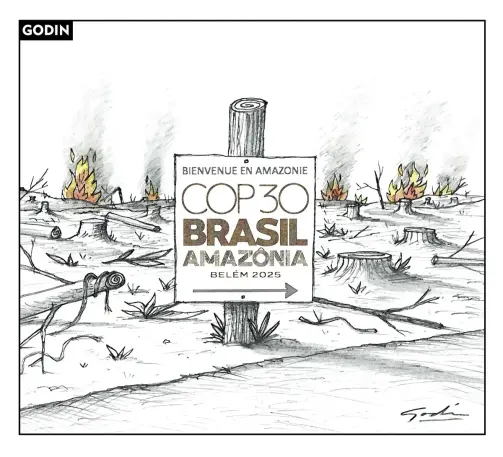 Au bord d'une route, une coupe à blanc parsemée de feux et de branches coupées autour de souches toutes tronçonnées au milieu de laquelle un panneau indique
"bienvenue en Amaezonie
COP30
BRAZIL
AMAZONIA
Belem 2025"
au dessus d'une flèche donnant la direction à suivre.