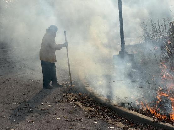 A lady shrouded in smoke mops some leaves that ignited