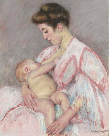 From the lot essay: “ Nowhere is Cassatt's gift for drawing more evident than in her beautiful pastels of this subject, intimate compositions in which the strong maternal bond is often conveyed through the subtle tilt of a head or curve of an arm. Baby John Nursing manifests Cassatt's mastery of the pastel medium as well as of color and composition. Pastel provides the work a sense of modernity and immediacy not present in the artist's more studied oil paintings and gives the sense of capturing a fleeting, intimate moment. She enhances her subject, closely cropping the composition and setting mother and child against a plain background so as not to create any visual distractions that would detract from the relationship between the figures. Within this framework Cassatt adeptly blends rich, gestural strokes of cream, pinks and blues to capture a warm, private moment and to convey the maternal bond as a woman looks lovingly at her nursing child, protectively cradling him in her lap.”