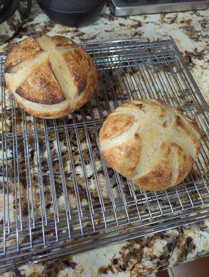 Two bread boules on a wire rack. One has scoring in the shape of an X, the other is scored with some curved slashes.