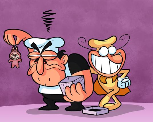 Peppino glaring at the pink Labubu keychain while Noise is smiling with his crap eating grin.