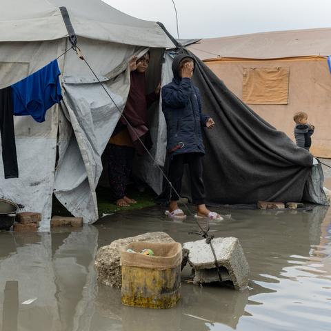 A flooded tent in Gaza City on Friday. After more than two years of war, many Palestinians are still living in camps without access to running water or electricity.