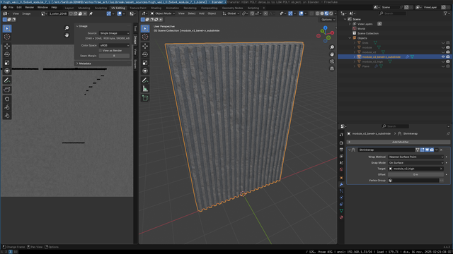 Blender3D screenshot showcasing a brutalist wall module with highly detailed normal map and texture.