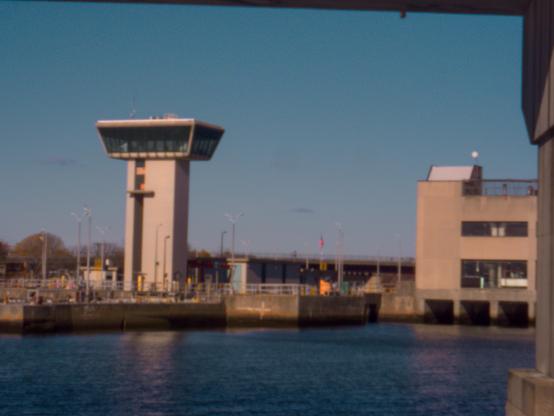 Air traffic control tower on a damn