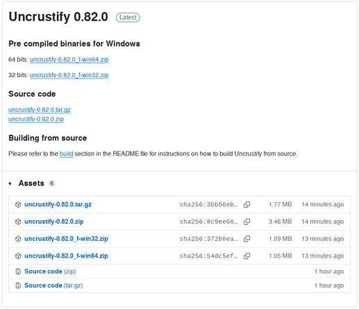 Screenshot of uncrustify 0.82.0 release page