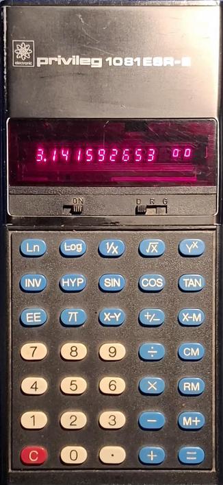 A photo of a well used Privileg 1081ESR-E calculator with LED display showing the number Pi with 10 digits and 2 digits exponent.