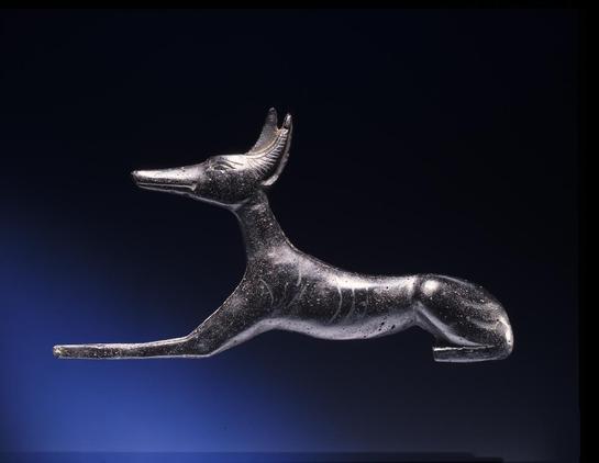 A sleek black glass inlay shaped like a reclining jackal, shown in profile against a deep blue background. The figure has an elongated snout, upright pointed ears, and a smooth, streamlined body with subtle incised lines suggesting muscle contours. The jackal’s front leg stretches forward while the hindquarters are tucked beneath it.