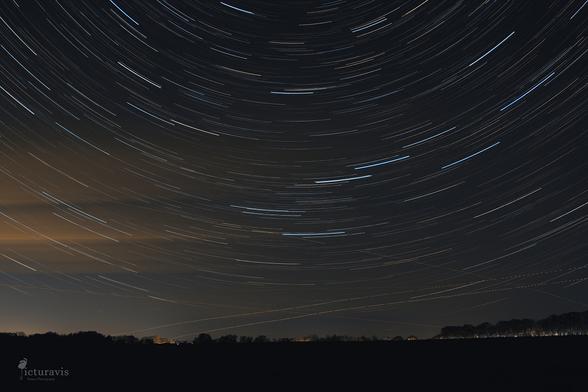 A long-exposure image of the night sky due north. The stars are short concentric lines, with the center just outside the top of the image. Some streaks are blue, others are orange. A few straight lines show where planes flew through the sky. At the bottom of the image are the silhouettes of trees and a few lights from lamps. Cars illuminate the trees of an avenue in the distance.