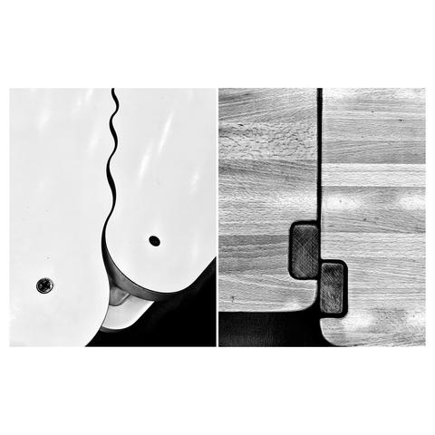 A diptych showing close-up of two table surfaces showcasing distinct textures: one white with a wavy edge and the other wooden with straight lines.