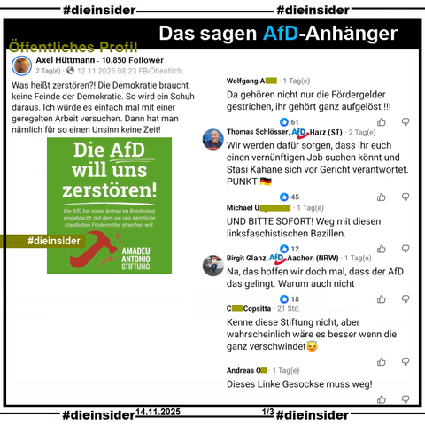 Axel Hüttmann mit 10.850 Follower postet auf seinem Profil "Was heißt zerstören?! Die Demokratie braucht keine Feinde der Demokratie. So wird ein Schuh daraus. Ich würde es einfach mal mit einer geregelten Arbeit versuchen. Dann hat man nämlich für so einen Unsinn keine Zeit!" und teilt dazu das Sharepic der Amadeu Antonio Stiftung "Die AfD will uns zerstören!"

Wir zeigen auf Slide 1 u.a. die Kommentare 
"Da gehören nicht nur die Fördergelder gestrichen, ihr gehört ganz aufgelöst!!!", 
Thomes Schlösser von der AfD Harz schreibt "Wir werden dafür sorgen, dass ihr euch einen vernünftigen Job suchen könnt und Stasi Kahane sich vor Gericht verantwortet.", 
"UND BITTE SOFORT! Weg mit diesen linksfaschistischen Bazillen.", 
Birgit Glanz von der AfD Aachen kommentiert "Na, das hoffen wir doch mal, dass der AFD das gelingt. Warum auch nicht.", 
"Kenne diese Stiftung nicht, aber wahrscheinlich wäre es besser wenn die ganz verschwindet." und 
"Dieses Linke Gesockse muss weg!"
