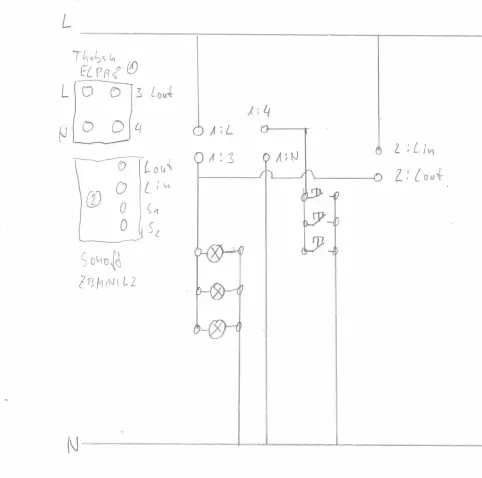 Schaltplan für zwei Relais, die das Treppenhauslicht schalten.
